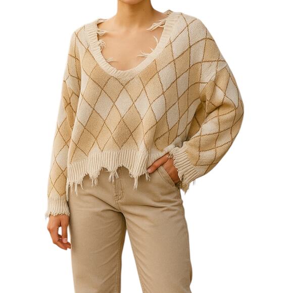 JUST POLLY Sz L Deconstructed oversized argyle cream and beige sweater | GUC - Picture 1 of 5